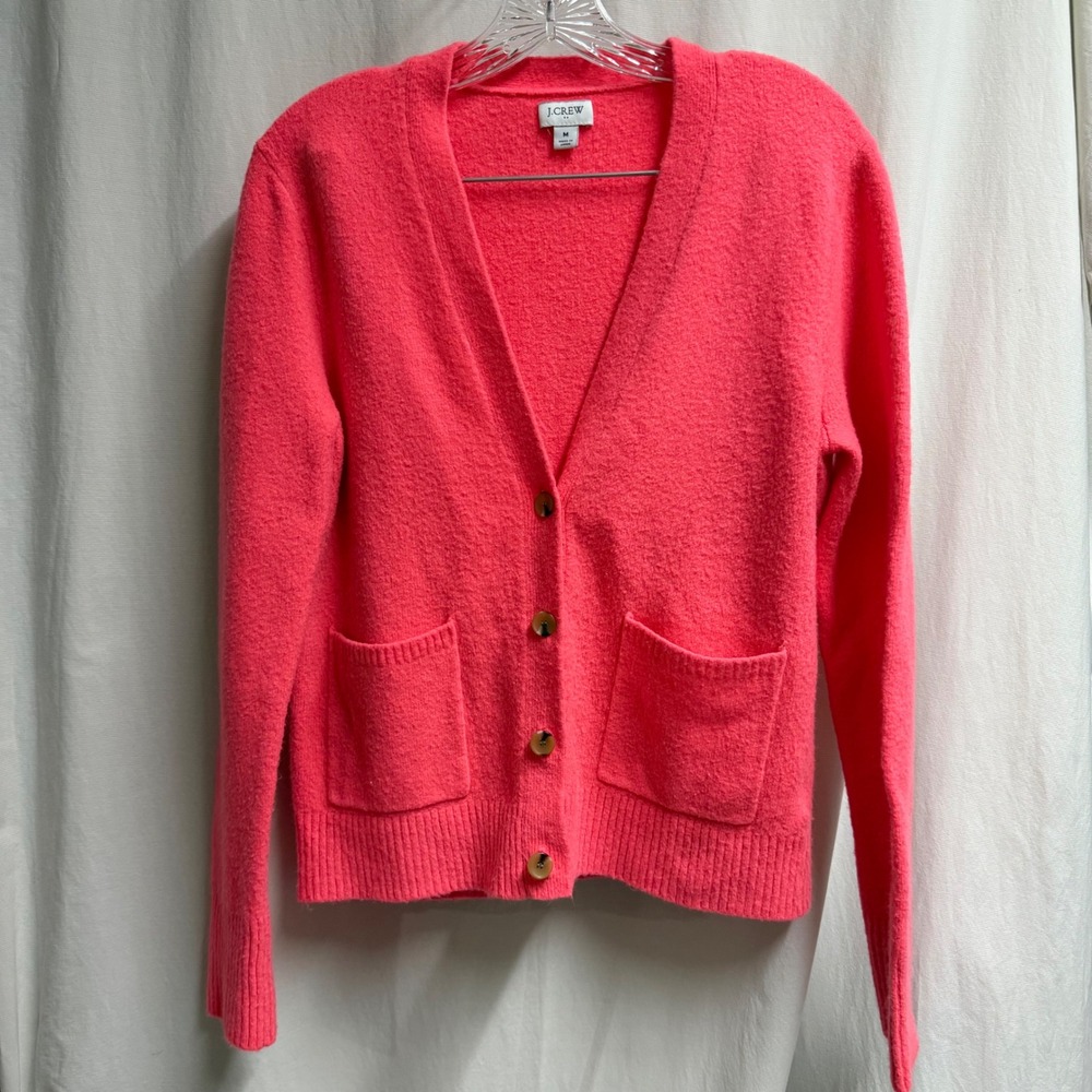 J.Crew Womens Neon Pink Wool Blend V-Neck Button Front Cardigan Sweater Medium